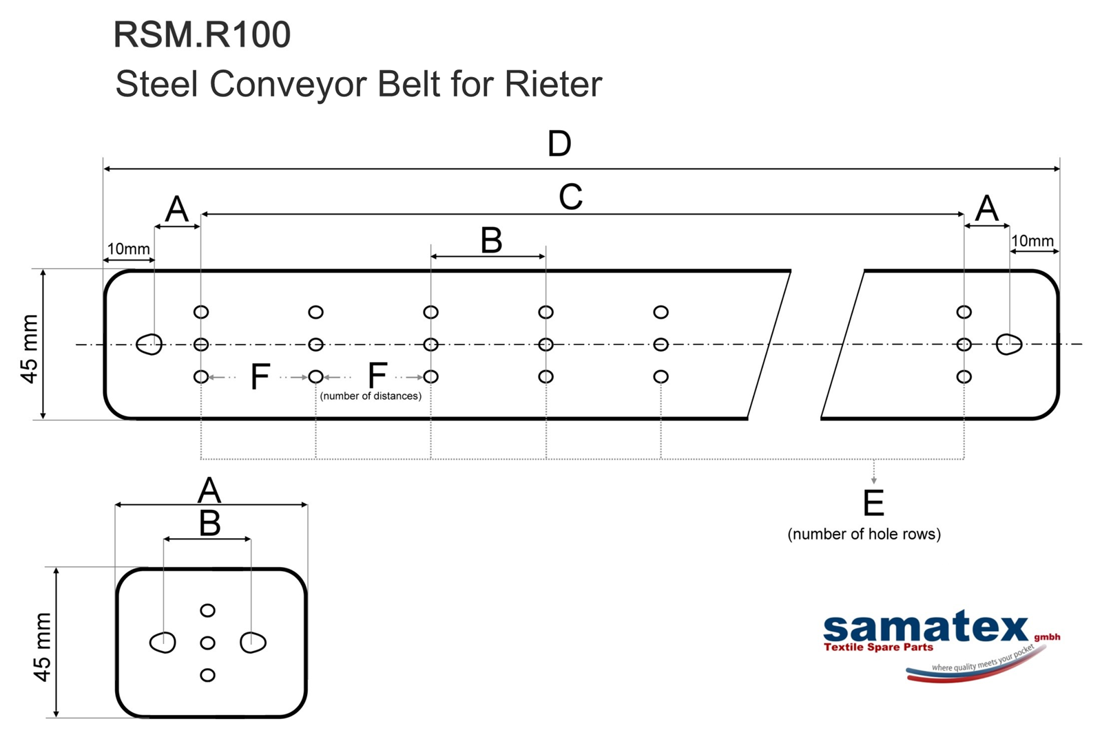 Dimensioned drawing of steel conveyor belt RSM.R100 for Rieter ring frames: a 45 mm wide perforated steel strip with three rows of holes, shown with the dimension letters A to F and a detail view of the joint piece